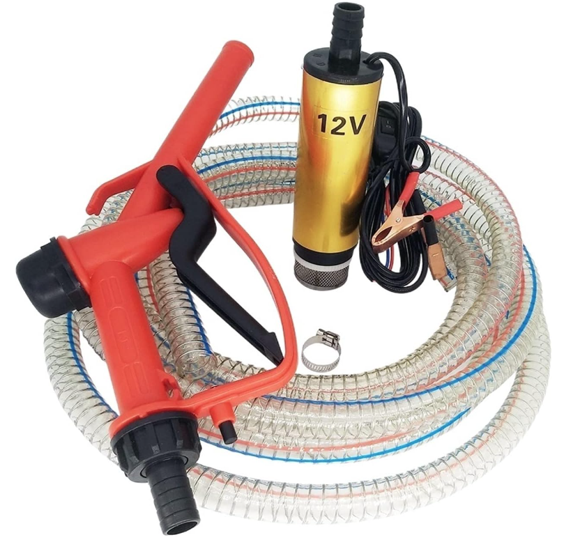 Pachet pompa transfer benzina motorina si alte lichide 12V cu furtun  3 metri si pistol